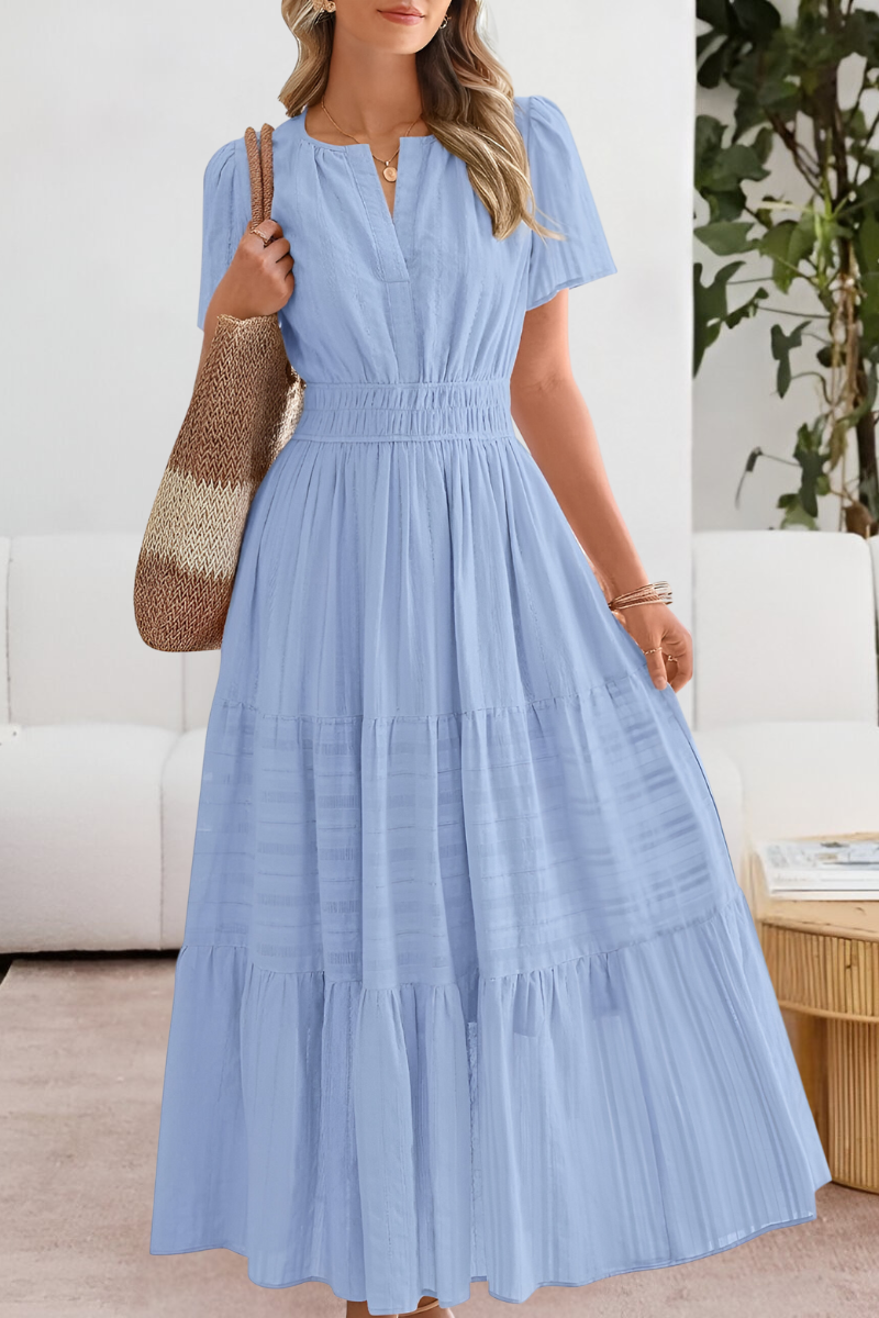 Evangelia | Boho Smocked V Neck Tiered Summer Midi Dress