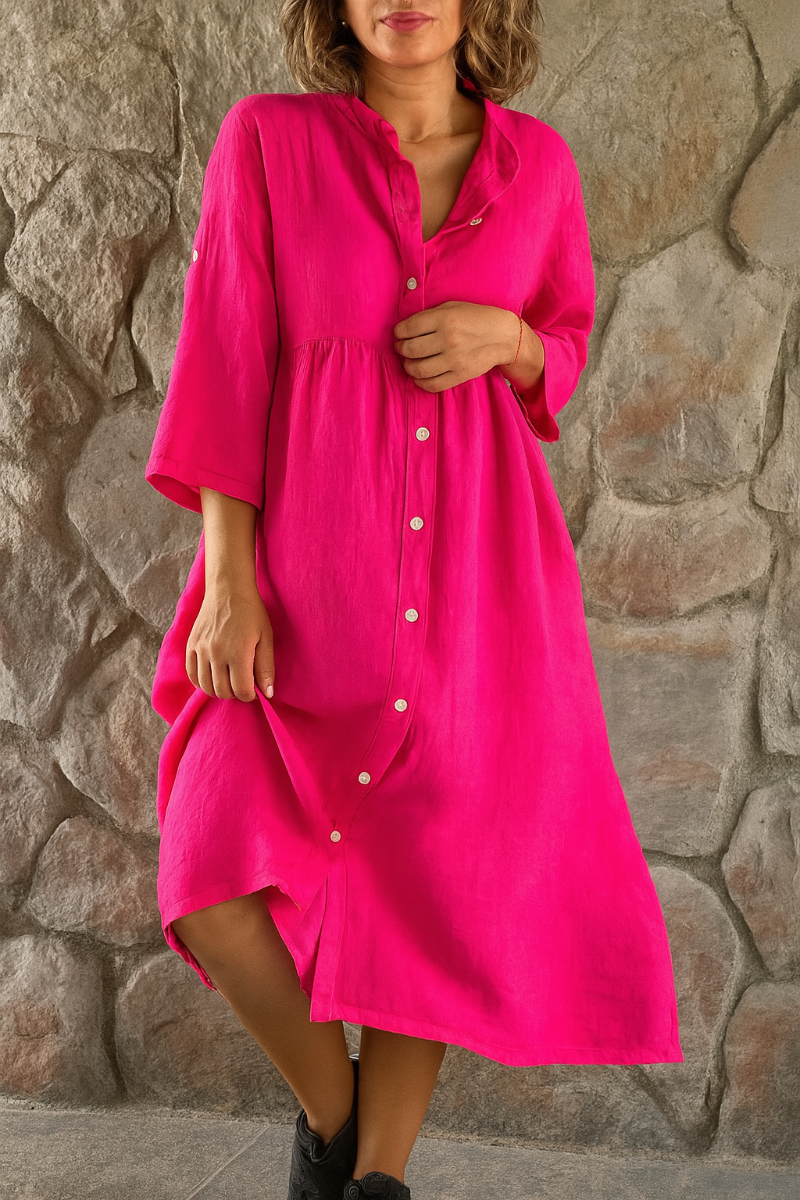 Momount Damen Hemdblusenkleid aus Baumwoll-Leinen – V-Ausschnitt, 3/4-Arm, lockere Passform