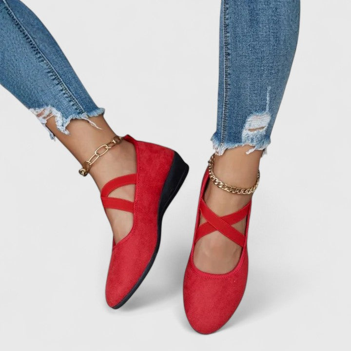 Momount Damen Ballerinas – Wildleder, gekreuzte Riemchen, runde Spitze, elastischer Knöchelriemen
