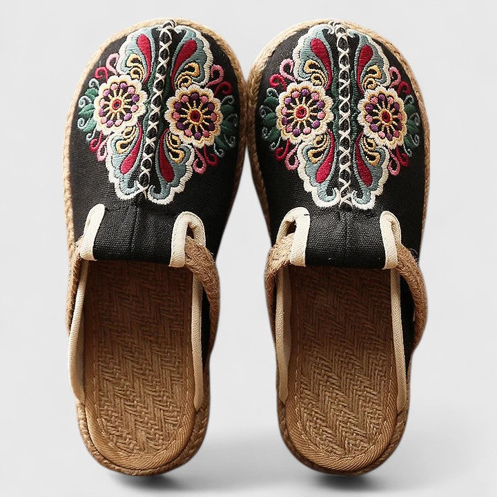 Momount Damen Bestickte Mules – Floral Canvas Jutesohle Slip-On Geschlossene Spitze