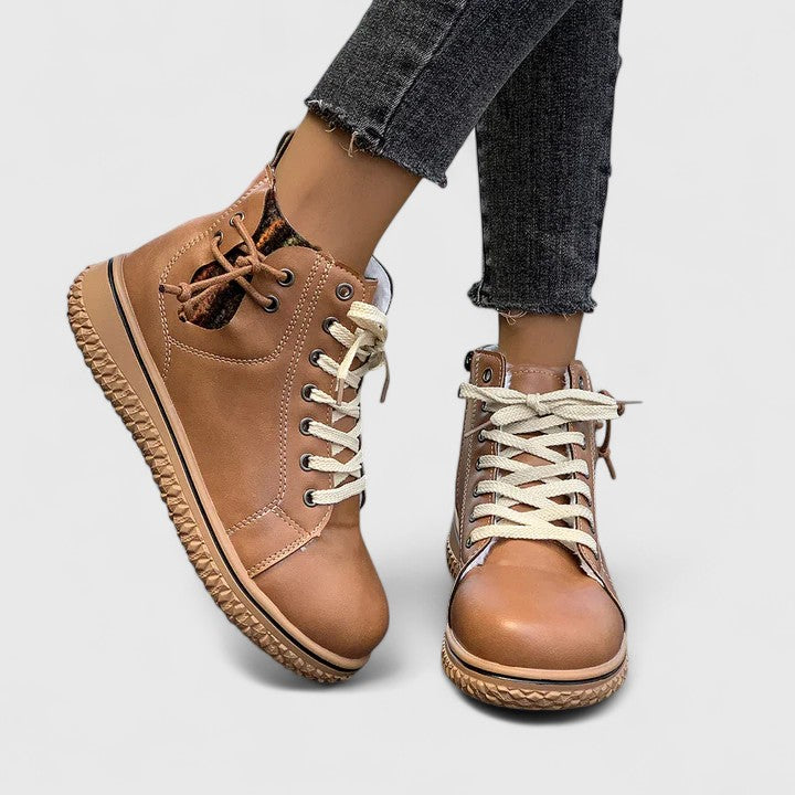 Momount Damen High-Top-Sneaker-Stiefel – Leder Schnürung Seitlicher Reißverschluss Kreppsohle