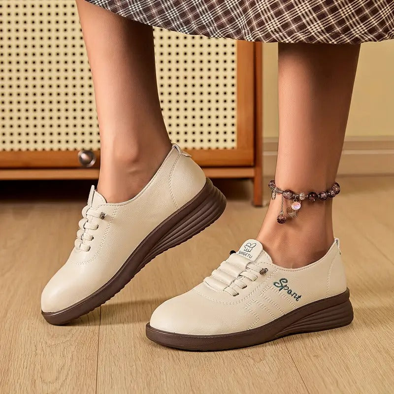 Momount Damen Schnür-Loafer – Leder, runde Spitze, Flatform, bequem und lässig