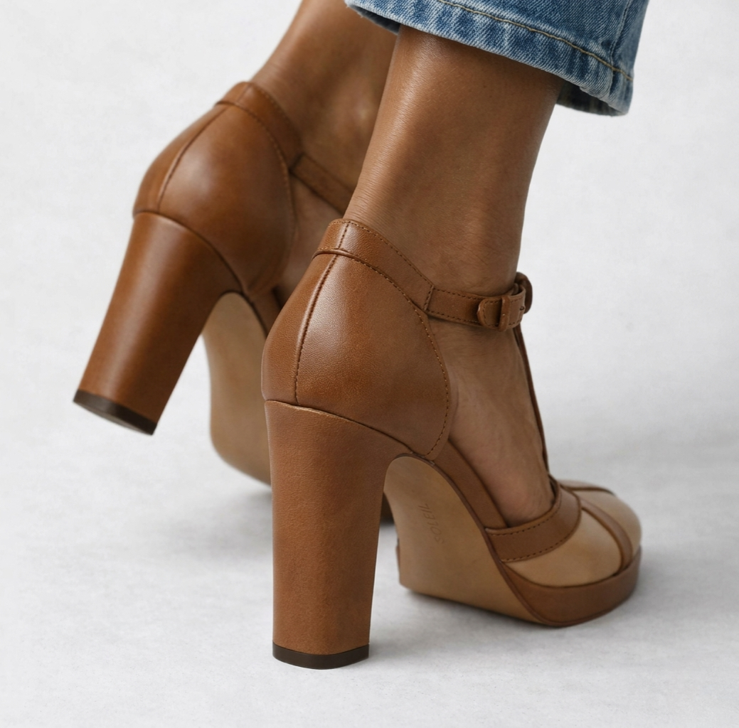 Momount Damen Plateau-Pumps mit T-Steg – zweifarbiges Leder, Blockabsatz, Knöchelriemen