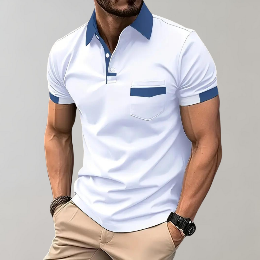Momount Men Polo Shirt – Two Tone Contrast Collar Pocket Short Sleeve