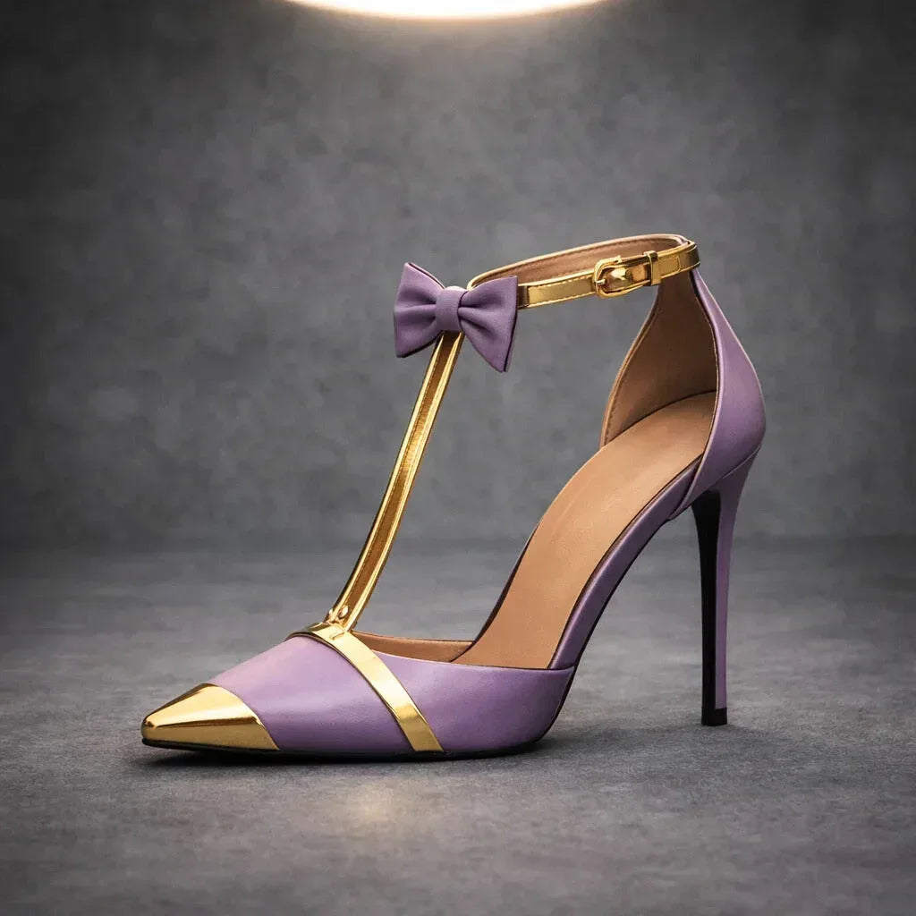 Momount Damen Stiletto-Pumps mit T-Riemen – Schleife, spitze Kappe, Knöchelriemen