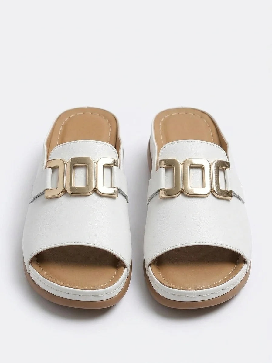 Women's Slide Sandals – Open Toe Wide Band Buckle Detail - White - front