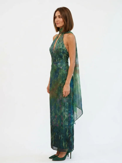 Evangelista | Floral Chiffon Halter Maxi Dress - main - side