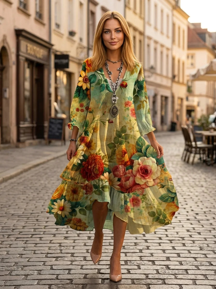 Ivy Boho Midi Dress | Floral Print, Tiered Skirt, 3/4 Sleeve - Yellow - lifestyle_street