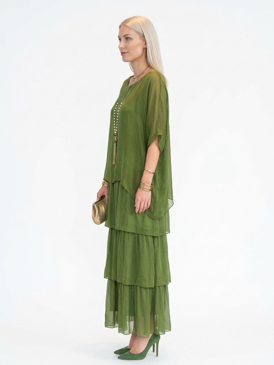 Caroline Maxi Dress | Bat Sleeves, Ruffled Skirt, Relaxed - Green - side