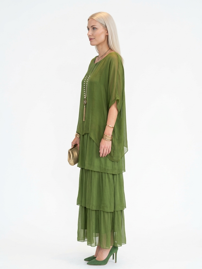 Caroline Maxi Dress | Bat Sleeves, Ruffled Skirt, Relaxed - Green - side