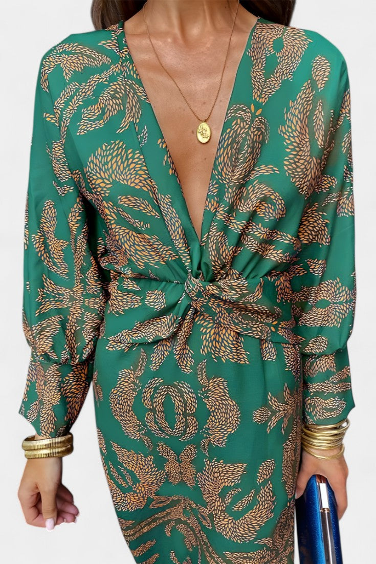 Momount ženska bodycon midi haljina – dugi rukavi, uvijeni detalj, elegantna