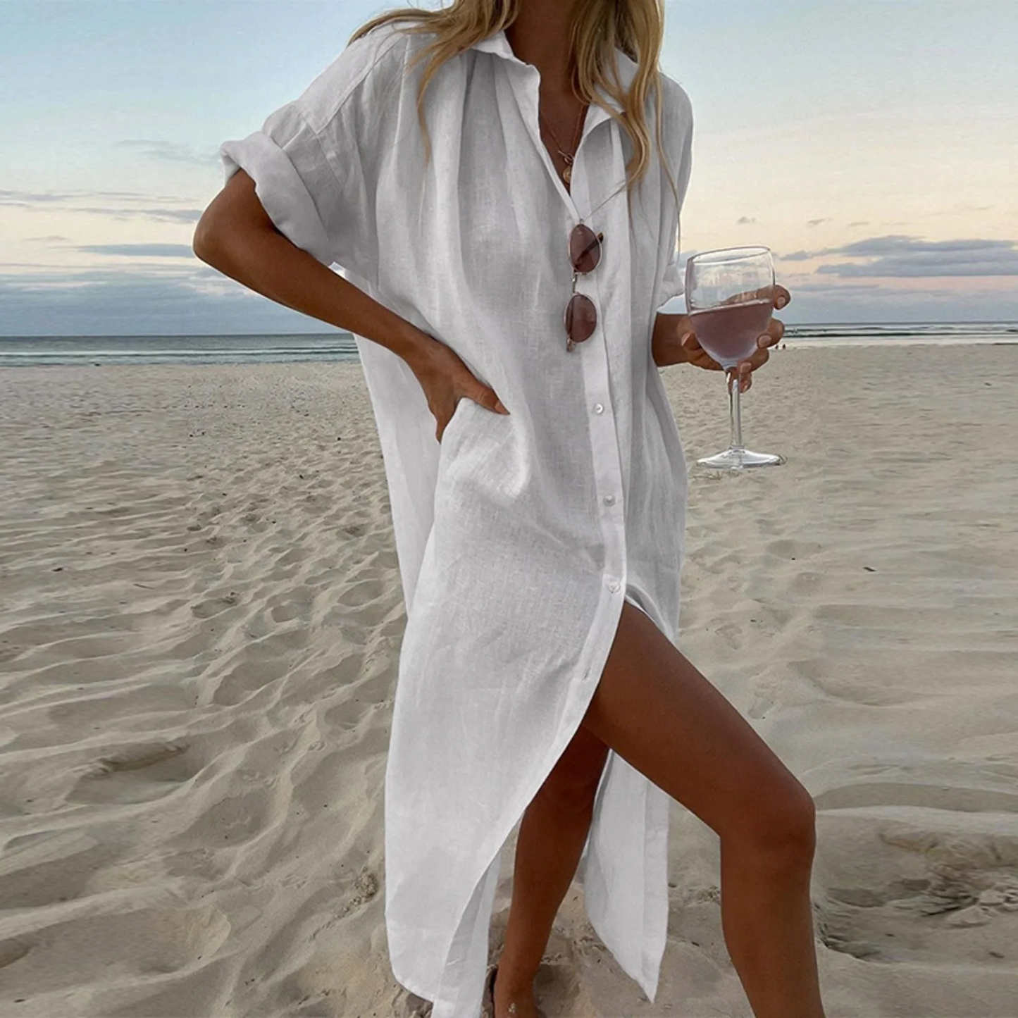 Esmeralda | Leinen-Strandmaxikleid mit Knopfleiste | Sommer Momount