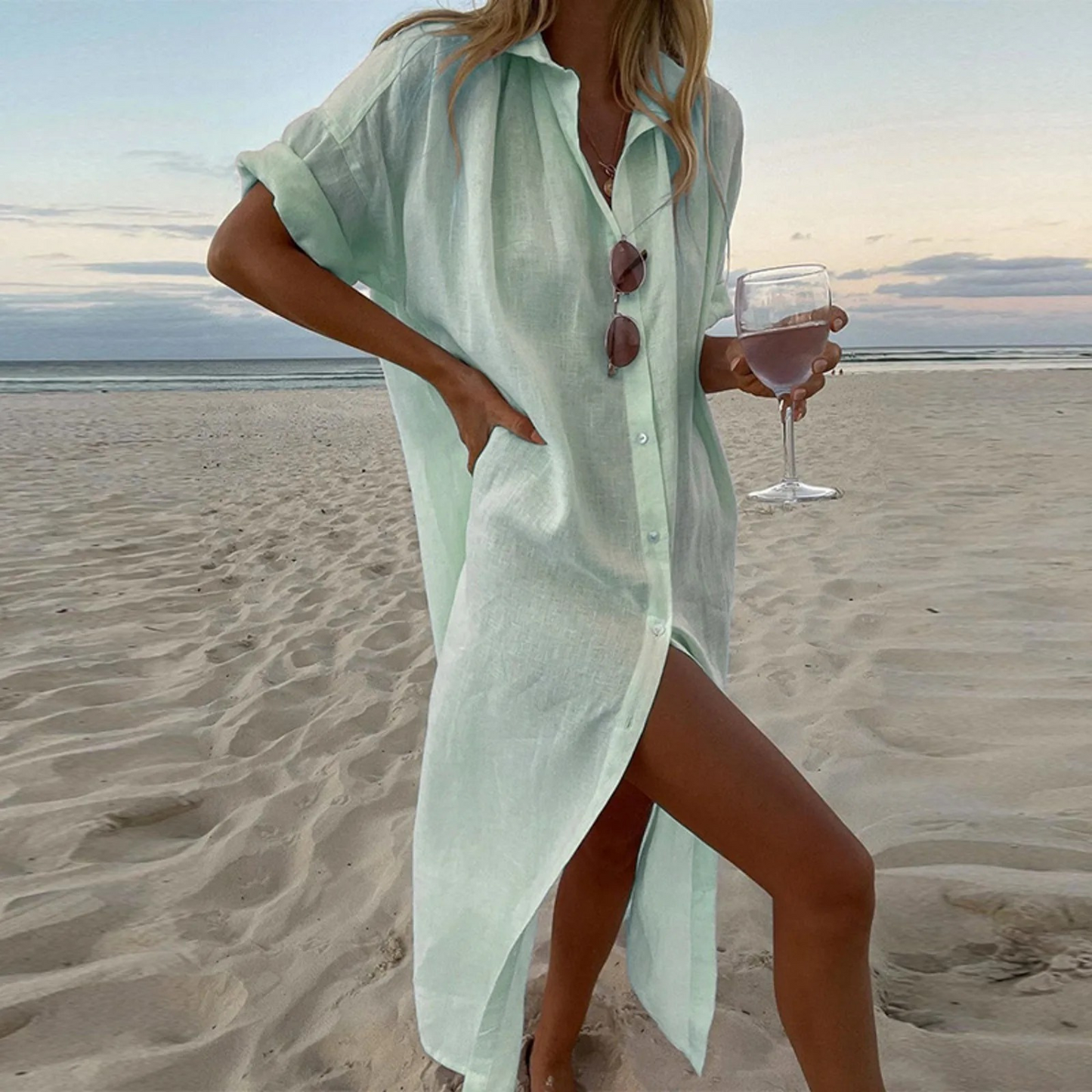 Esmeralda | Leinen-Strandmaxikleid mit Knopfleiste | Sommer Momount