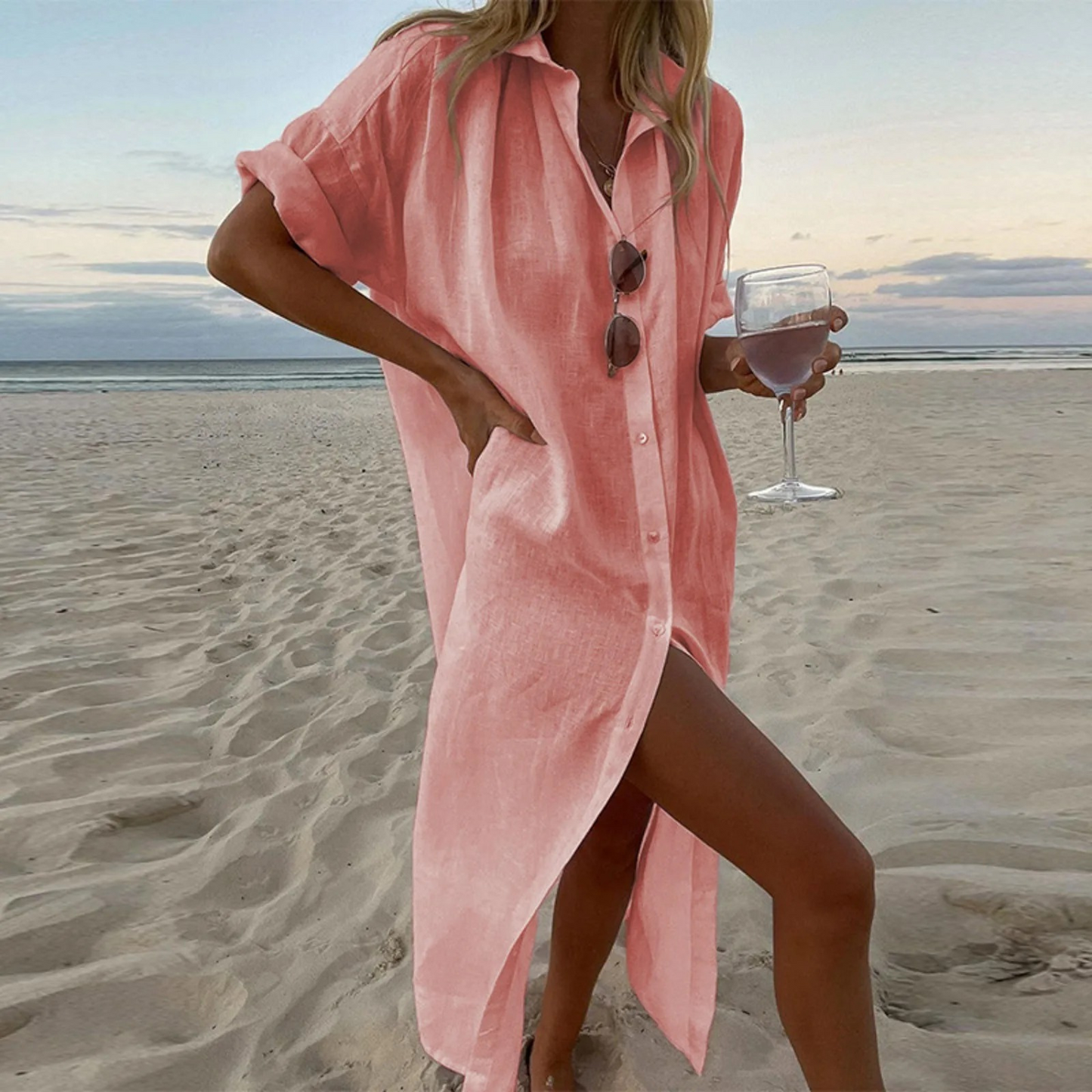 Esmeralda | Leinen-Strandmaxikleid mit Knopfleiste | Sommer Momount
