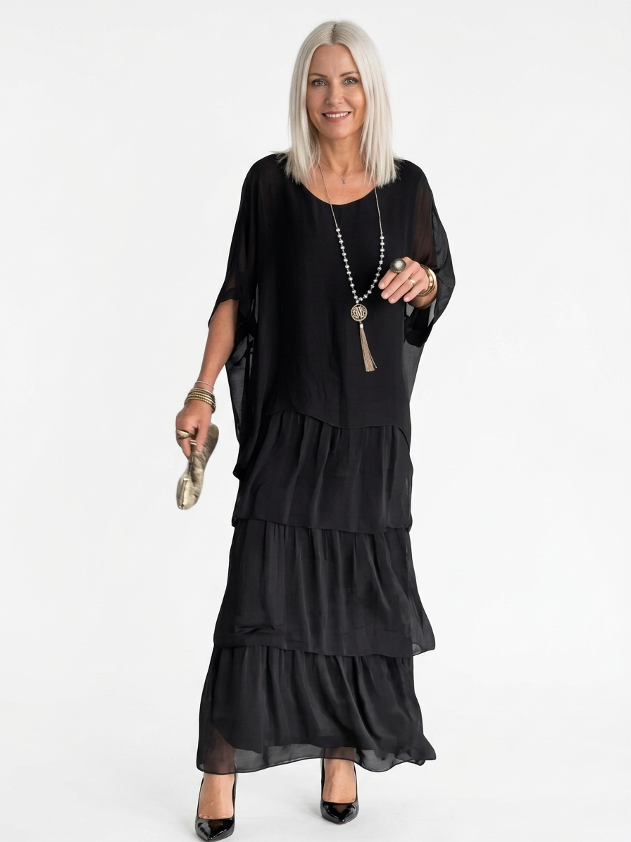 Caroline Maxi Dress | Bat Sleeves, Ruffled Skirt, Relaxed - Black - front