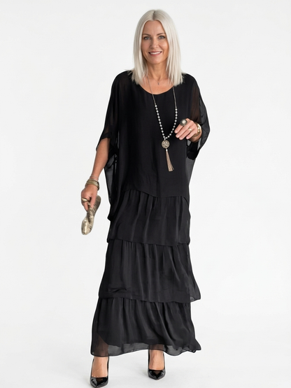 Caroline Maxi Dress | Bat Sleeves, Ruffled Skirt, Relaxed - Black - front
