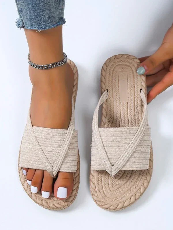 Momount ženske espadrile sandale – pletena juta, prsten za nožni palac, ravne natikače