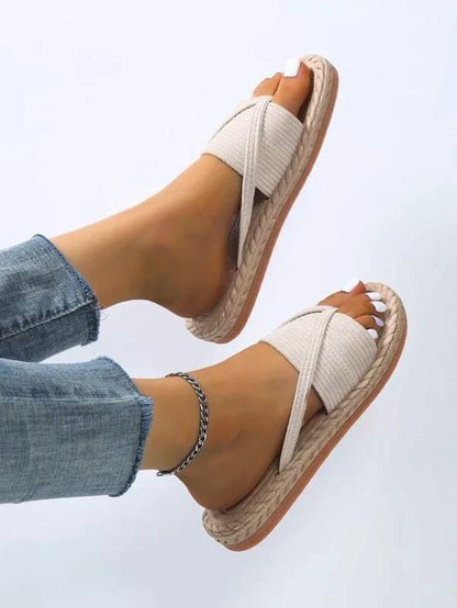 Momount ženske espadrile sandale – pletena juta, prsten za nožni palac, ravne natikače