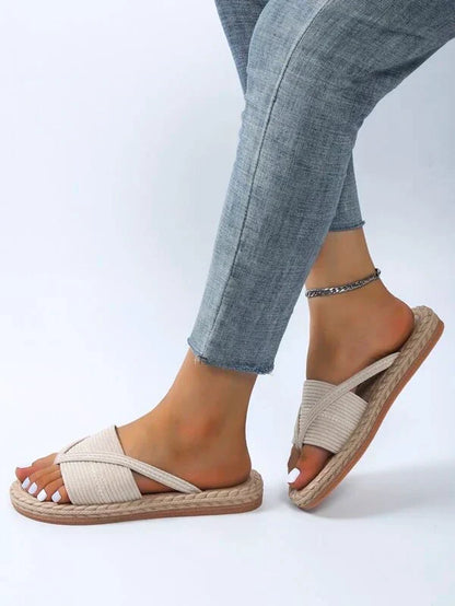 Momount ženske espadrile sandale – pletena juta, prsten za nožni palac, ravne natikače