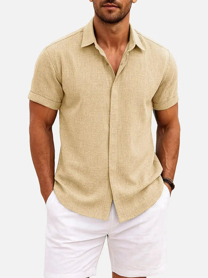 Momount Men Linen Shirt – Short Sleeve Turn Down Collar Cotton Blend Casual