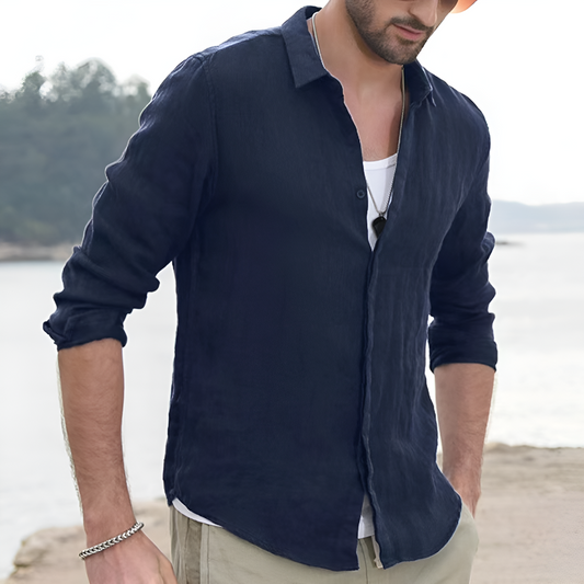 Momount Men Linen Shirt – Long Sleeve Turn Down Collar Button Up Classic