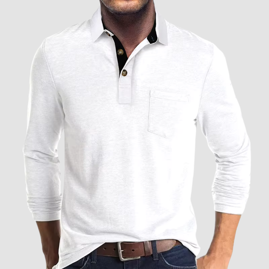 Momount Men Long Sleeve Polo Shirt – Contrast Collar Pocket Classic Fit