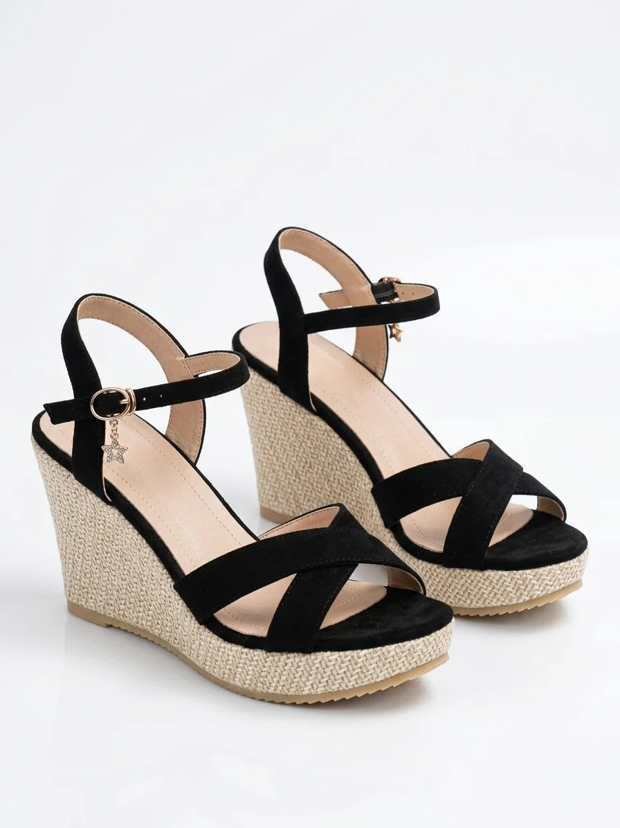 Women's Wedge Sandals – Open Toe Ankle Strap Cross Straps - Black - 3/4