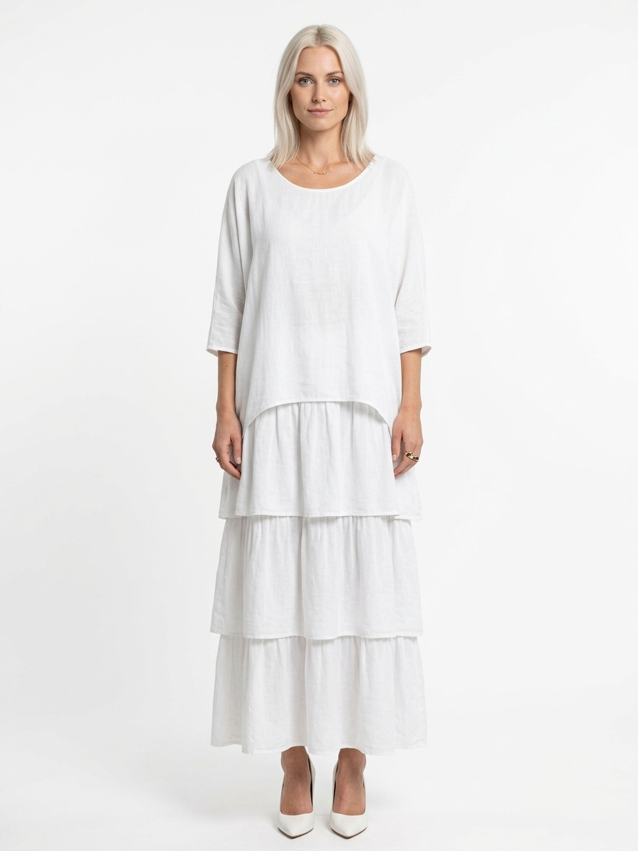 Caroline Maxi Dress | Bat Sleeves, Ruffled Skirt, Relaxed - White - front