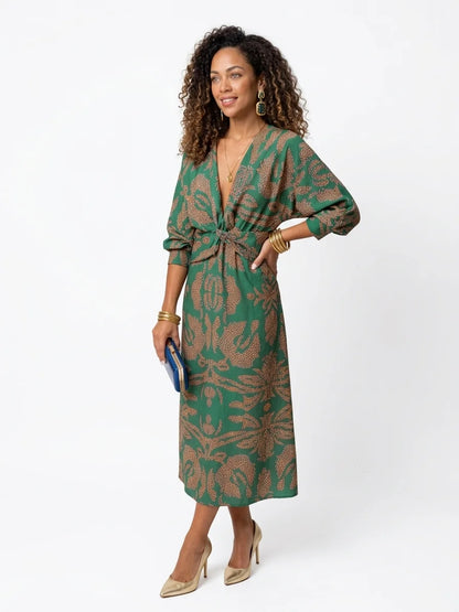 Sienna Midi Dress | Blue & Gold Print, Knot Front, Long Sleeve - Green - 3/4