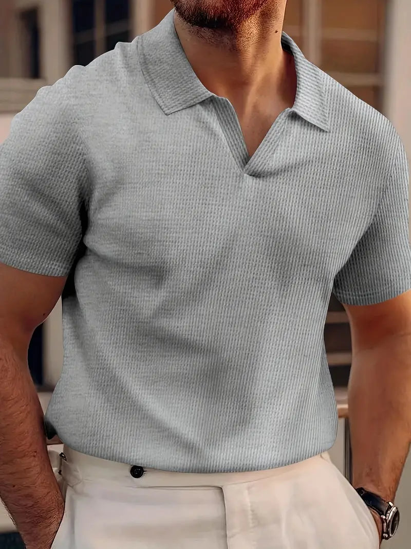 Momount Men Knit Polo Shirt – Button-Free V Neck Textured Casual