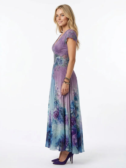 Aurora Gradient Maxi Dress | Mixed Print, V-Neck - Purple - side
