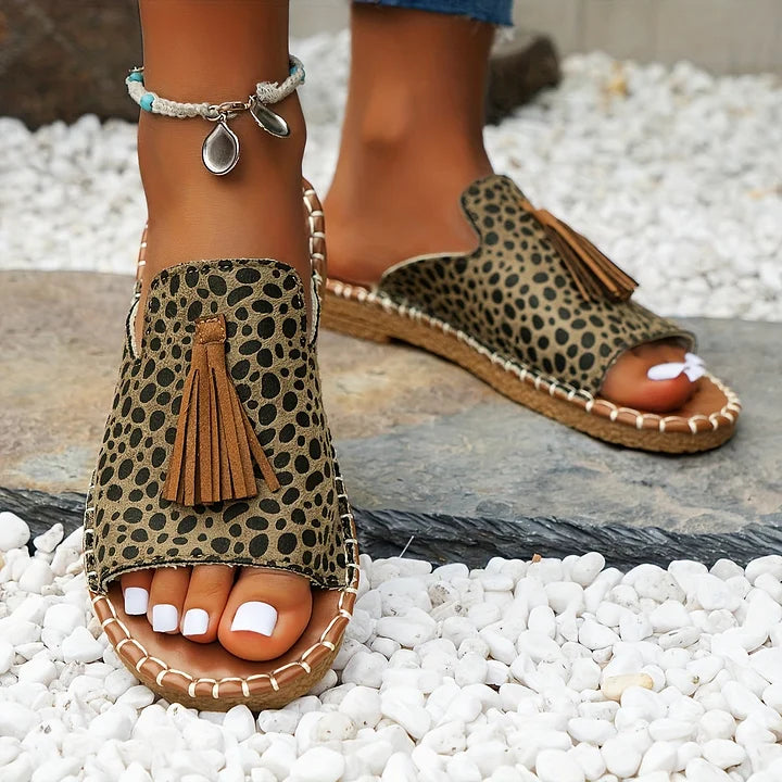 Momount Sandálias Rasas de Mulher Conforto Slip-On Casual de Verão Apoio Almofadado Leve Bico Aberto Boho com Borlas