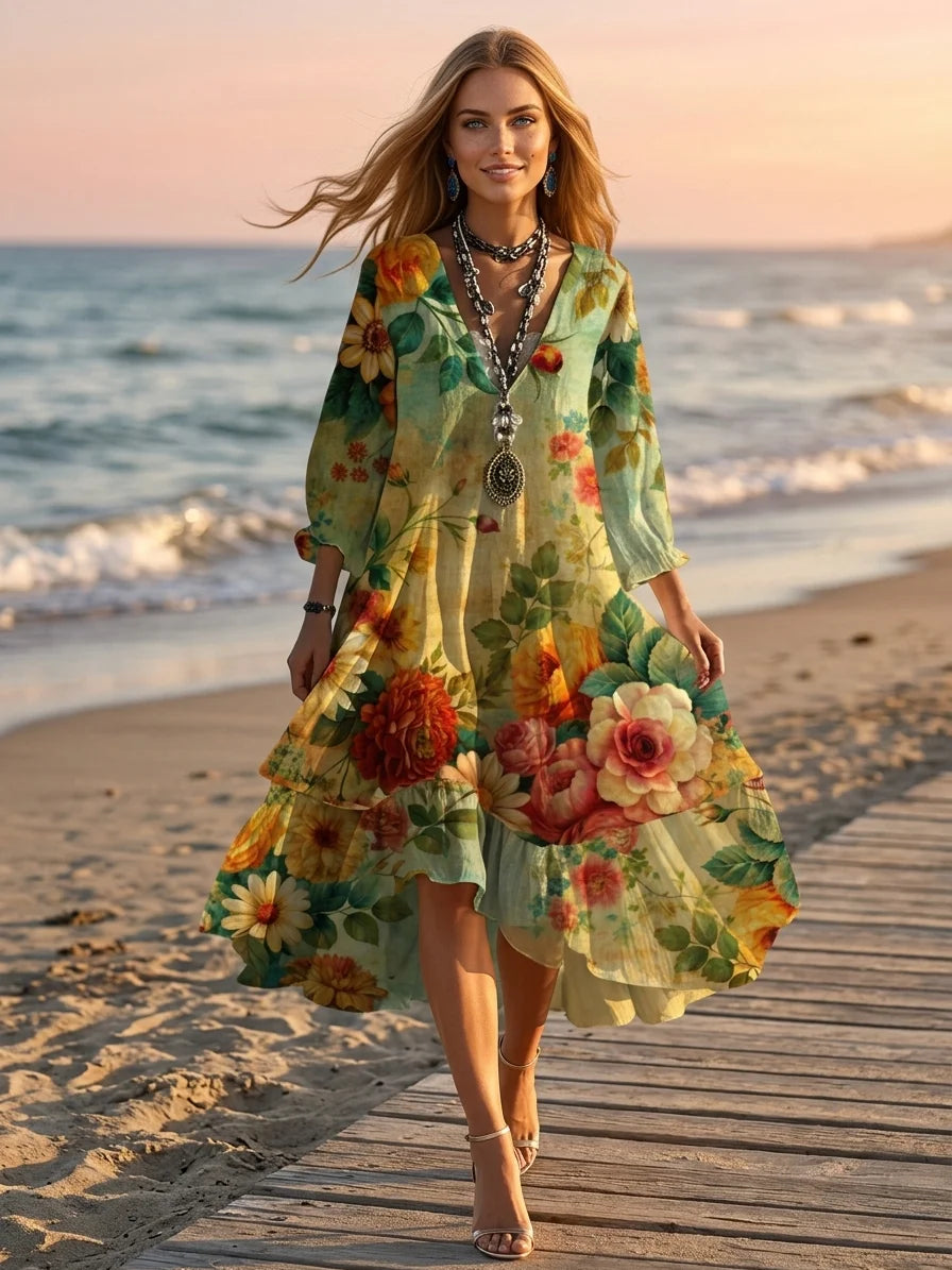 Ivy Boho Midi Dress | Floral Print, Tiered Skirt, 3/4 Sleeve - Yellow - lifestyle_beach