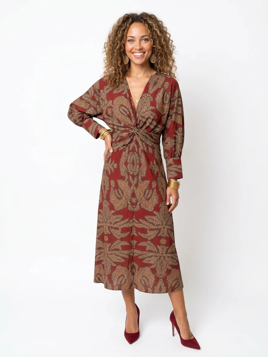Sienna Midi Dress | Blue & Gold Print, Knot Front, Long Sleeve - Red - front