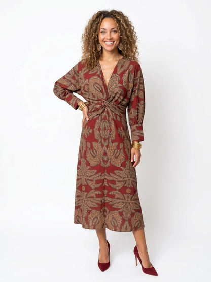 Sienna Midi Dress | Blue & Gold Print, Knot Front, Long Sleeve - Red - front