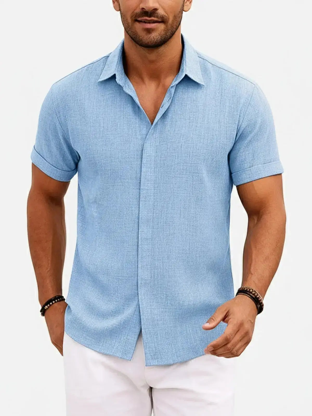 Momount Men Linen Shirt – Short Sleeve Turn Down Collar Cotton Blend Casual