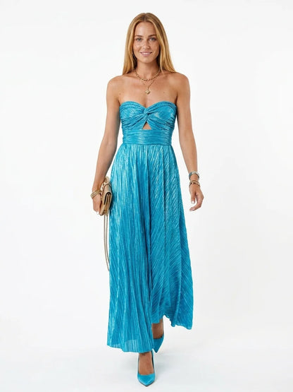Persephone | Elegant Metallic Pleated Strapless Maxi Dress - Cyan - front
