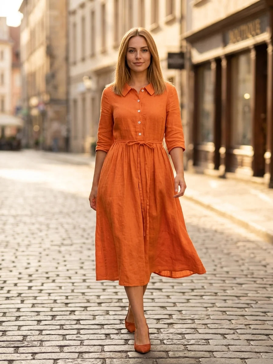 Hazel Tie-Waist Midi Dress | Button Front, V-Neck, Casual - Orange - lifestyle_street