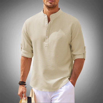 Momount Men Waffle Linen Shirt – Long Sleeve Band Collar Chest Pocket