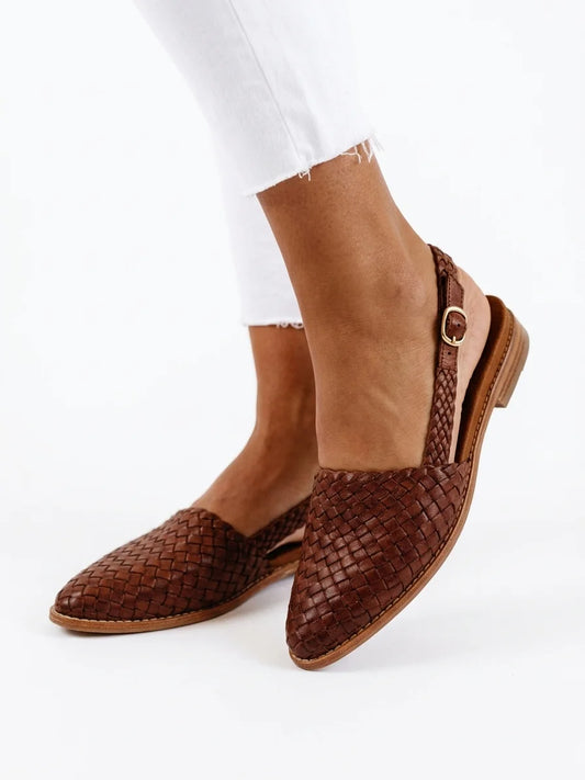 Women's Woven Slingback Loafers – Closed Toe Buckle Strap - Dark Brown - onfoot