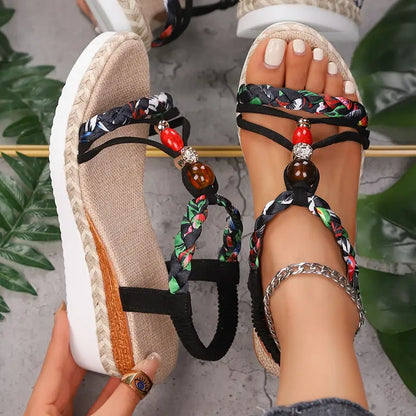 Momount ženske espadrile sandale s punom petom – boho pleteni detalji, perlice, cirkoni