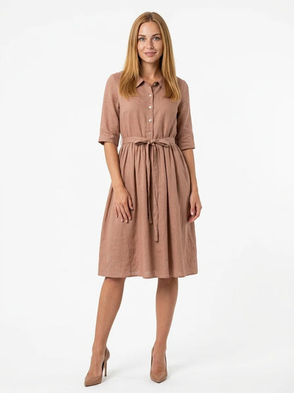 Hazel Tie-Waist Midi Dress | Button Front, V-Neck, Casual - Light Brown - front