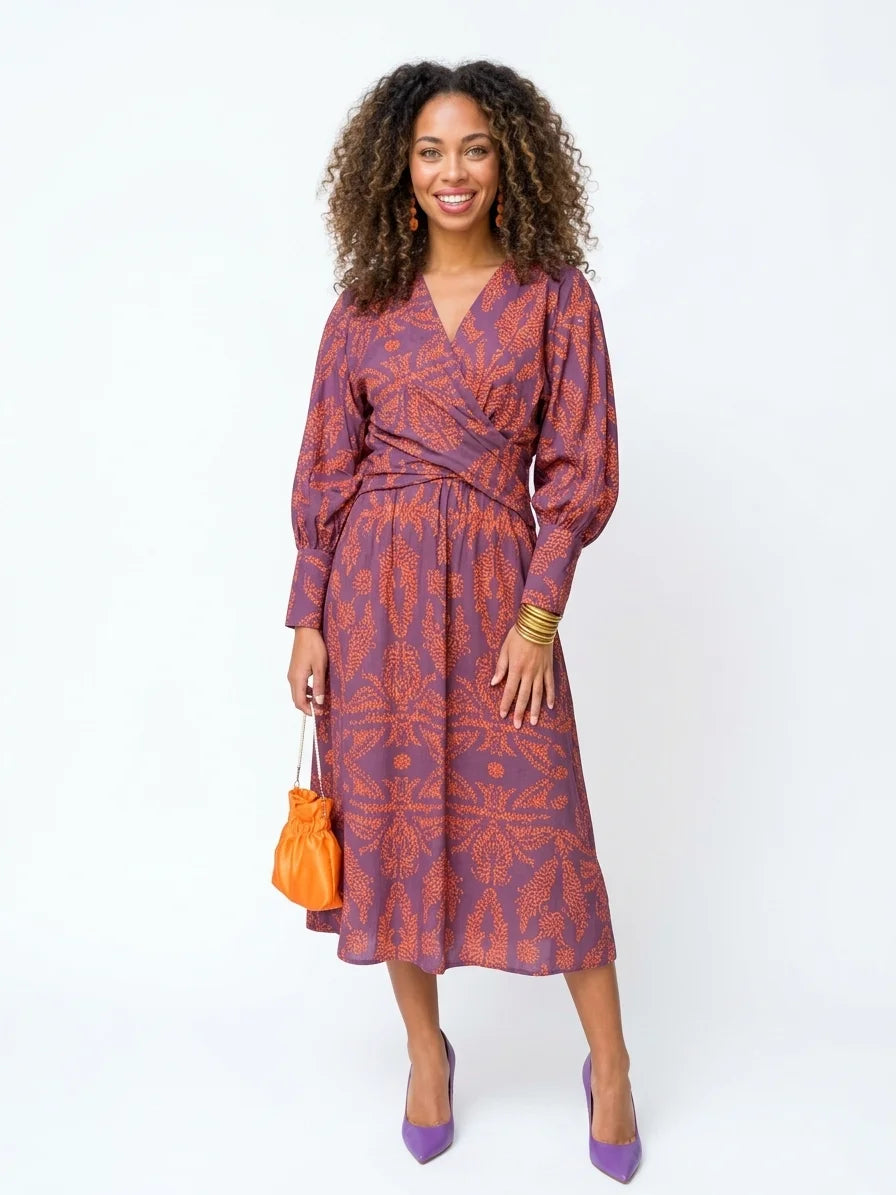 Sienna Midi Dress | Blue & Gold Print, Knot Front, Long Sleeve - Purple - front