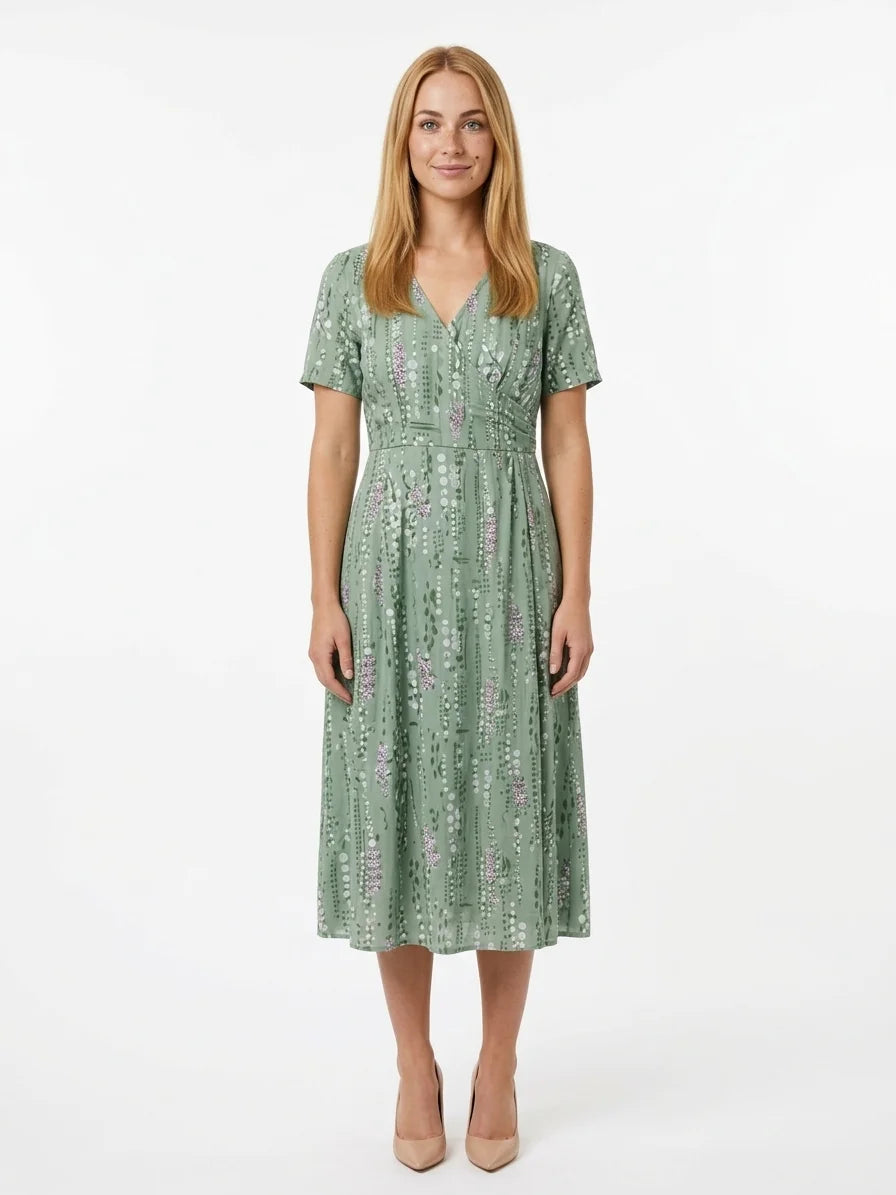 Poppy Summer Midi Dress | Flared Skirt, V-Neck, Printed - Green - front