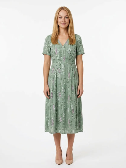 Poppy Summer Midi Dress | Flared Skirt, V-Neck, Printed - Green - front