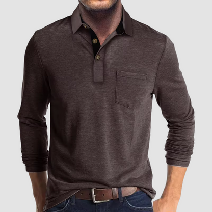 Momount Men Long Sleeve Polo Shirt – Contrast Collar Pocket Classic Fit