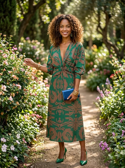 Sienna Midi Dress | Blue & Gold Print, Knot Front, Long Sleeve - Green - lifestyle_garden