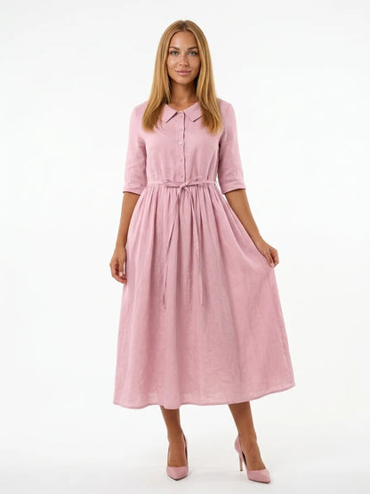 Hazel Tie-Waist Midi Dress | Button Front, V-Neck, Casual - Pink - front