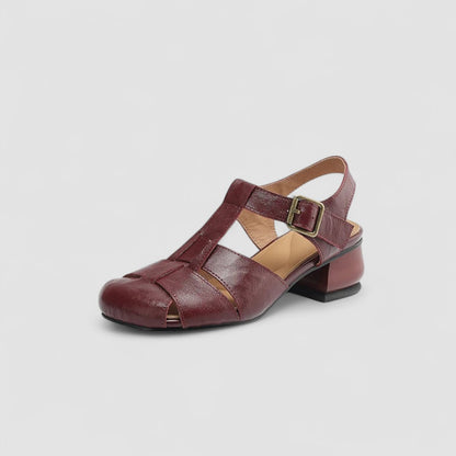 Momount Women Leather Sandals – Closed Toe Buckle Low Heel Vintage