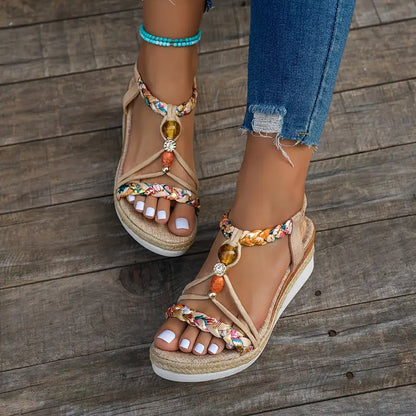 Momount ženske espadrile sandale s punom petom – boho pleteni detalji, perlice, cirkoni